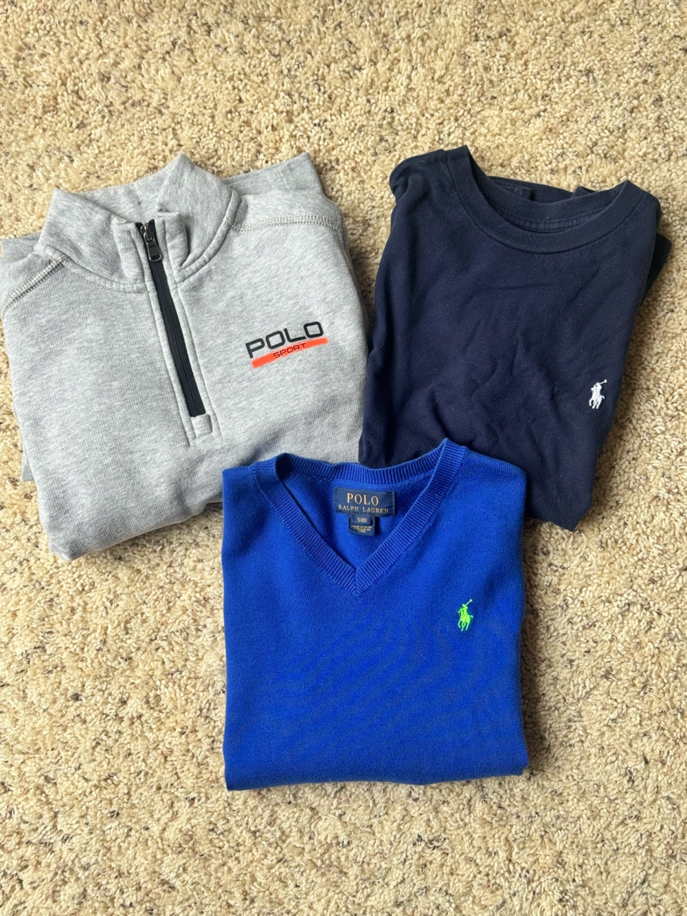 Polo Ralph Lauren LOT Sport Gray 1/4 zip, navy tee, blue sweater